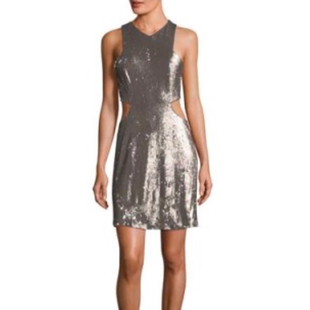 Halston Heritage Sequined V-Neck Cutout Cocktail Dress, Silver, Size 10